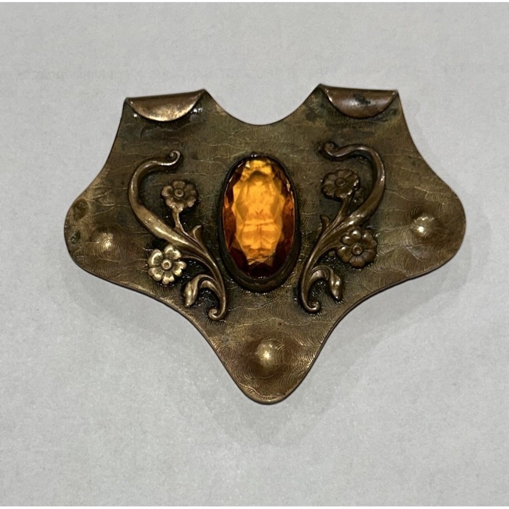 Vintage Art Nouveau Czech Amber Glass Brass Brooch Pin Floral